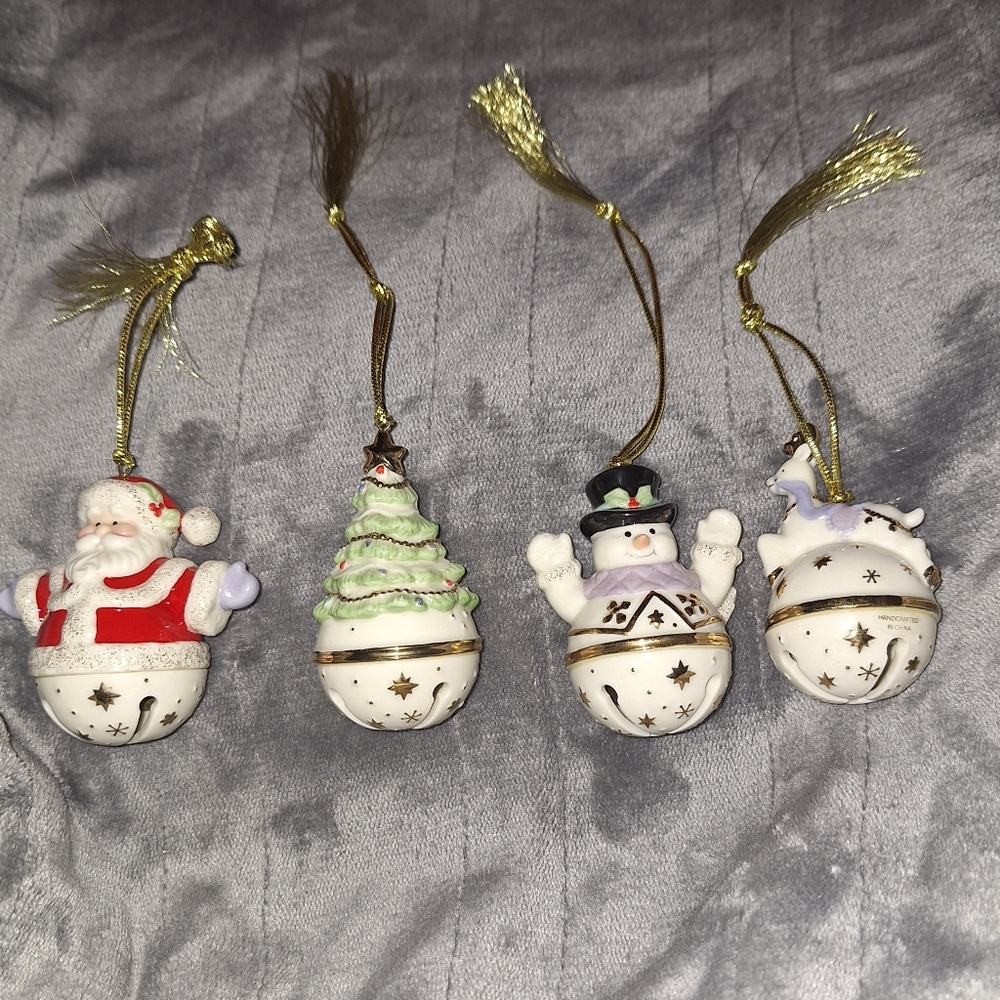 Vintage Lenox Ornament Set~Mini Sleigh Bells~Porcelain~Christmas~Gold Trim
